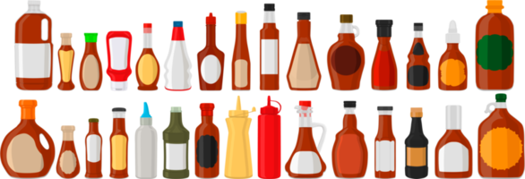 kit varied glass bottles filled liquid sauce maple syrup png