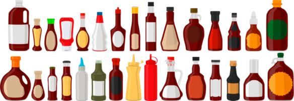 kit varied glass bottles filled liquid sauce barbecue png