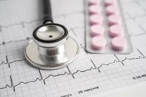 Stethoscope on electrocardiogram with capsule pill, heart wave, heart attack, cardiogram report. photo