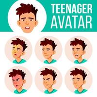 Asian Teen Boy Avatar Set Vector. Face Emotions. Flat, Portrait. Cute, Comic, Web. Cartoon Head Illustration vector