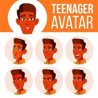 Teen Boy Avatar Set Vector. Indian, Hindu. Asian. Face Emotions. Head, Icon. Childish, Happiness Enjoyment. Cartoon Head Illustration vector