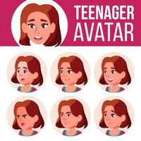 Teen Girl Avatar Set Vector. Face Emotions. High, Child Pupil. Small, Junior. Cartoon Head Illustration