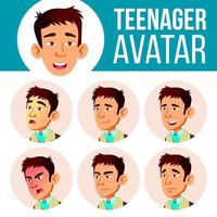 Teen Boy Avatar Set Vector. Asian Face Emotions. Facial, People. Positive. Cartoon Head Illustration vector