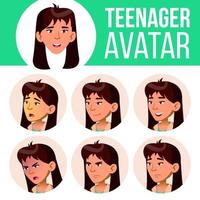 Asian Teen Girl Avatar Set Vector. Face Emotions. Facial, People. Active, Joy. Cartoon Head Illustration vector