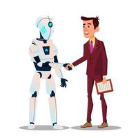 Robotics And High Technology. The Robot Shakes Hands With A Businessman. Signing A Contract Vector Flat Cartoon Illustration