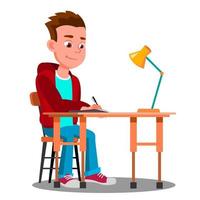 Writing Boy At The Table With Desk Lamp Vector. Isolated Illustration vector