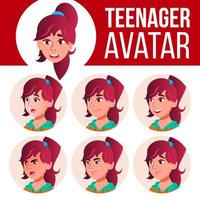 Teen Girl Avatar Set Vector. Face Emotions. User, Character. Fun, Cheerful. Cartoon Head Illustration vector