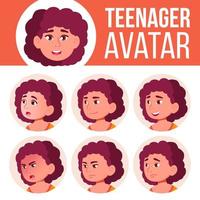 Fat Teen Girl Avatar Set Vector. Face Emotions. Child. Friendly. Cartoon Head Illustration vector