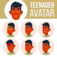 Teen Boy Avatar Set Vector. Indian, Hindu. Asian. Face Emotions. Children, Young People. Life, Emotional. Cartoon Head Illustration vector