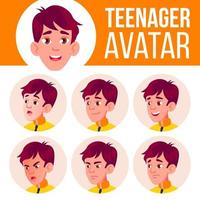 Teen Boy Avatar Set Vector. Face Emotions. School Student. Cartoon Head Illustration vector