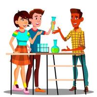 Group Of Students Standing At Table With Flasks, Chemistry Lesson Vector. Isolated Illustration vector