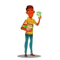 Student Holding Pile Of Books In One Hand And Stack Of Money In The Other Vector. Isolated Illustration vector