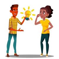 Submit An Idea, One Student Pulls A Glowing Light Bulb To Another Student Vector. Isolated Illustration vector