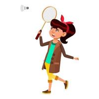 School Girl Playing Badminton Sport Game Vector