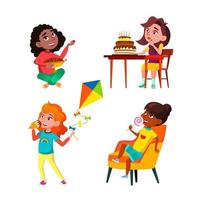 School Girls Eating Delicious Sweets Set Vector