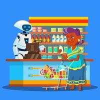 Root Seller In Store With Buyer Near Cashier Vector. Isolated Illustration vector