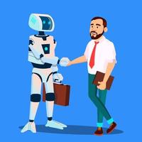 Robot With Briefcase Shakes Hands With Businessman Vector. Isolated Illustration vector