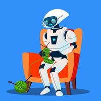 Old Robot With Glasses Knitting A Sock Vector. Isolated Illustration vector