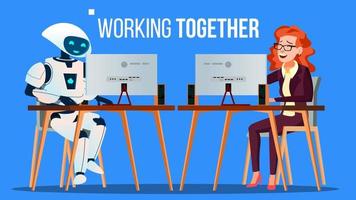 Robot Working In The Office At Computer Desk Together With People Vector. Isolated Illustration vector