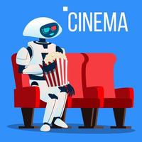 el robot se sienta en una silla en el cine con gafas 3d y mantiene las palomitas de maíz en el vector de las manos. ilustración aislada