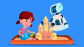 Robot Builds A Sand Castle With Little Child On The Sandbox Vector. Isolated Illustration vector