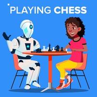 Robot Playing Chess With Woman Vector. Isolated Illustration vector