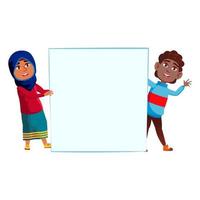 Schoolchildren Hold Empty Banner Together Vector