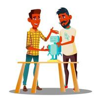 Two Smart Students Constructing A Robot In Classroom Vector. Isolated Illustration vector