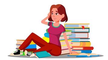 Stressed Student Sitting Surrounded By Stacks Of Books On Floor Vector. Isolated Illustration vector