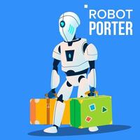 Robot Porter Carries A Lot Of Luggage Vector. Isolated Illustration vector