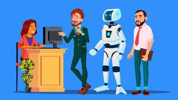 Robot Standing In Line Among People At Check-In Desk Vector. Isolated Illustration vector