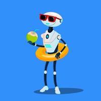 Robot On Vacation With Inflatable Circle And Cocktail Vector. Isolated Illustration vector