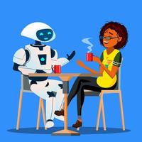 Robot Having A Good Time With Friend Woman At Table In Cafe Vector. Isolated Illustration vector