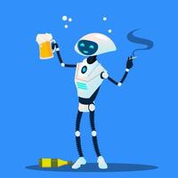 Drunk Robot With Cigarette And Glass Of Beer Vector. Isolated Illustration vector