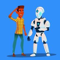 Robot Talking With Friend Man Vector. Isolated Illustration
