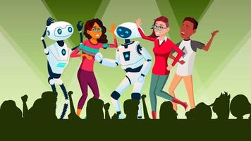 Robots Dancing At Disco With People Vector. Isolated Illustration vector