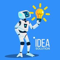 Smart Robot With Yellow Bulb Find An Idea, Solution Vector. Isolated Illustration vector