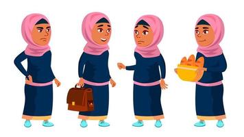 Arab, Muslim Girl School, Girl Kid Poses Set Vector. Teenager, Classroom, Room. For Advertising, Booklet, Placard Design. Isolated Cartoon Illustration vector