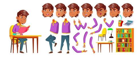 Arab, Muslim Boy Schoolboy Kid Vector. Primary School Child. Animation Creation Set. Cheerful Pupil. Teenager, Classroom. For Design. Face Emotions, Gestures. Animated. Illustration vector