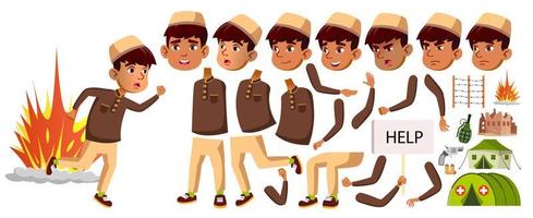 Arab, Muslim Boy Schoolboy Kid Vector. Animation Creation Set. For Banner, Flyer, Brochure Design. Face Emotions, Gestures. Refugee, Military Conflict, War. Animated Illustration vector