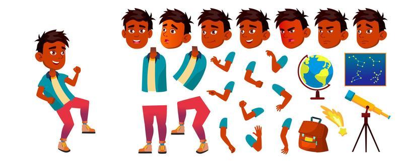 Indian Boy Vector. Primary School Child. Animation Creation Set. Active Cute Child. Booklet, Placard Design. Astronomy, Telescope, Stars, Universe. Face Emotions, Gestures. Animated. Illustration