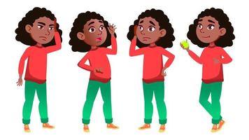 Girl Schoolgirl Kid Poses Set Vector. Black. Afro American. High School Child. Schoolchild. September, Schoolchildren, Teen. For Web, Poster, Booklet Design. Isolated Cartoon Illustration vector