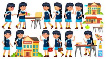 Asian Girl Vector. Primary School Child. Animation Creation Set. Face Emotions, Gestures. Life, Emotional, Pose. For Presentation, Print, Invitation Design. Animated. Cartoon Illustration vector