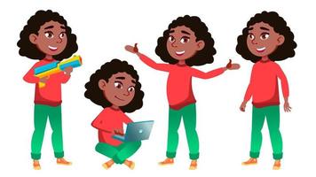 Girl Schoolgirl Kid Poses Set Vector. Black. Afro American. High School Child. Classmate. Teenager, Classroom, Room. For Advertising, Booklet, Placard Design. Isolated Cartoon Illustration vector