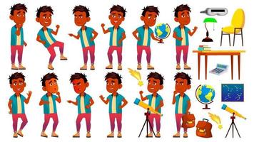 Indian Boy Schoolboy Kid Poses Set Vector. Primary School Child. Young People. Astronomy. Discover Planet. University, Graduate. For Advertising, Placard, Print Design. Isolated Cartoon Illustration vector