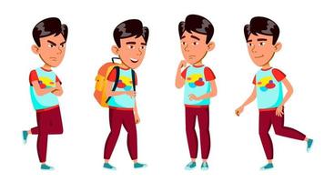 Asian Boy Schoolboy Kid Poses Set Vector. Primary School Child. Active Cute Child. For Web, Brochure, Poster Design. Isolated Cartoon Illustration vector