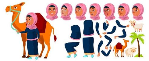 Arab, Muslim Girl Kid Vector. Animation Creation Set. Face Emotions, Gestures. Active, Joy, Leisure. Camel, Palm, Goat, Sheep. For Advertisement, Announcement Design. Animated. Cartoon Illustration vector