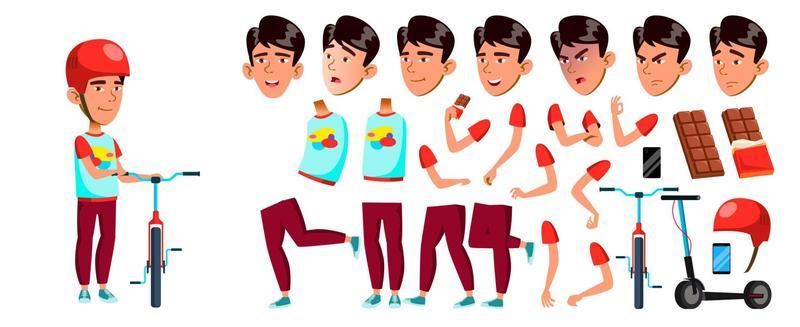 Asian Boy Boy Schoolboy Kid Vector. Primary School Child. Animation Creation Set. Children. Smile. For Presentation, Print, Invitation Design. Face Emotions, Gestures. Animated. Illustration