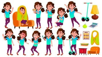 Girl Schoolgirl Kid Poses Set Vector. High School Child. Caucasian, Kids, Positive. For Postcard, Cover, Placard Design. Isolated Cartoon Illustration vector