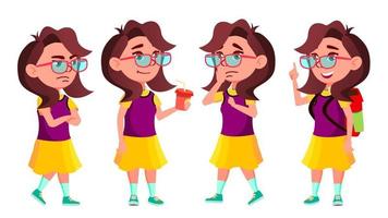 Girl Schoolgirl Kid Poses Set Vector. High School Child. Children Study. Smile, Activity, Beautiful. For Web, Brochure, Poster Design. Isolated Cartoon Illustration vector